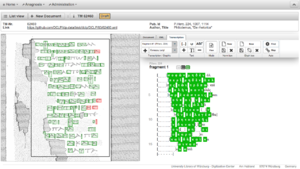 Ansicht des Anagnosis-Editors. Über farbige Boxen werden die Glypen im Originalbild mit den jew. Glyphen der Transkription verbunden