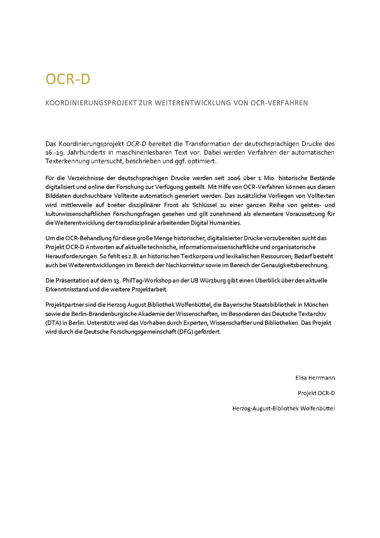 Elisa Herrmann (OCR-D Wolfenbüttel): OCR-D: Koordinierungsprojekt zur Weiterentwicklung von OCR-Verfahren.